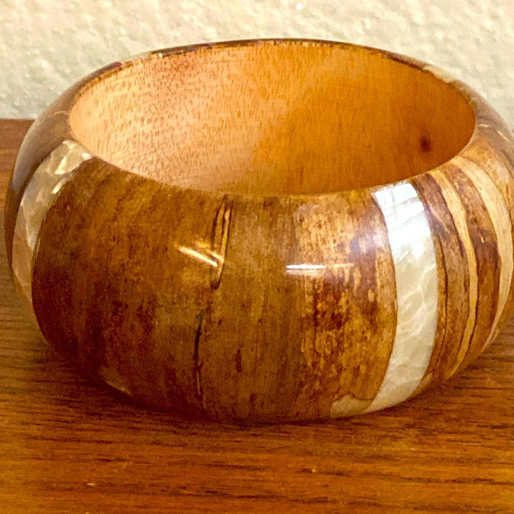 Vintage 80s Wood Mother of Pearl Inlay Banana Leaf FAT BANGLE BRACELET
